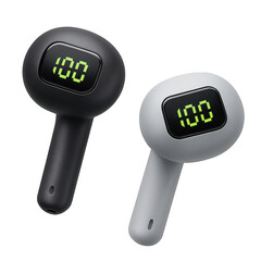 Two earbuds with a digital display showing the time of 100:00. 3d isolated illustration on transparent background