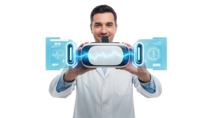 Scientist in Lab Coat Demonstrates Futuristic Virtual Reality Headset with Digital Interfaces and Energy Effects