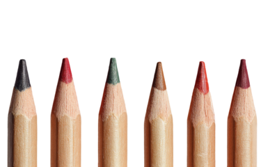 Close-up of colored pencil tips in a row.  Different shades of color, from dark to light, are visible at the pointed ends of wooden pencils