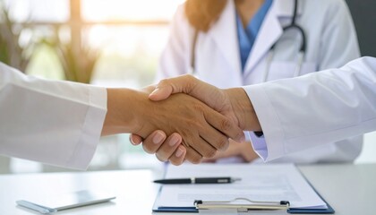 Two doctors in white coats sealing a deal with a friendly handshake over a contract. A pen sits on the white desk in a sunlit office