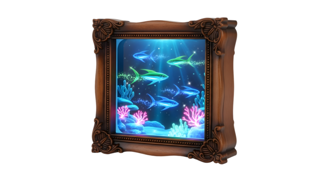 Enchanting underwater scene with glowing fish and coral in ornate antique frame