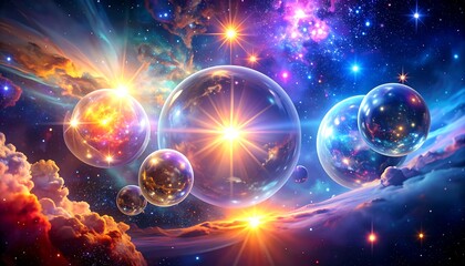 A vibrant and colorful celestial scene showcases glowing spheres within a vast expanse of nebulae, stars, and clouds.