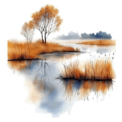 Foggy Morning Autumn Field, watercolor clipart vector, isolated on a white background.