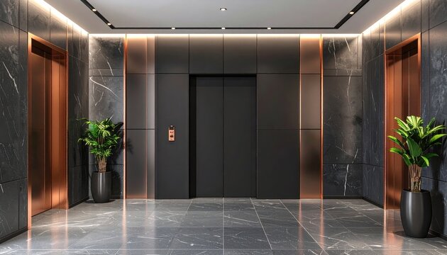 Elegant lobby featuring marble floors, dark paneled walls accented with copper, potted plants, and modern elevator doors