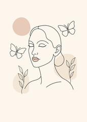 Minimalist artistic portrait of a woman surrounded by butterflies. Lines, leaves, organic shapes, boho, modern, scandinavian. black, pink, beige