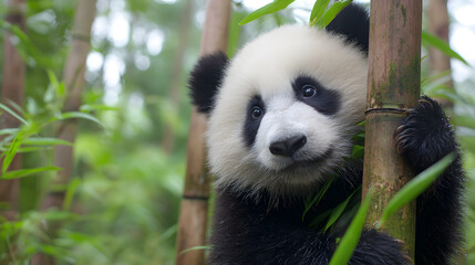 Fototapeta premium Adorable panda cub playfully peeking from bamboo stalks in lush green forest