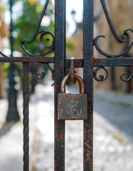 Rusty lock on an ornate gate