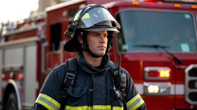 A firefighter in uniform and helmet stands in front of a red fire truck looking off to the side
