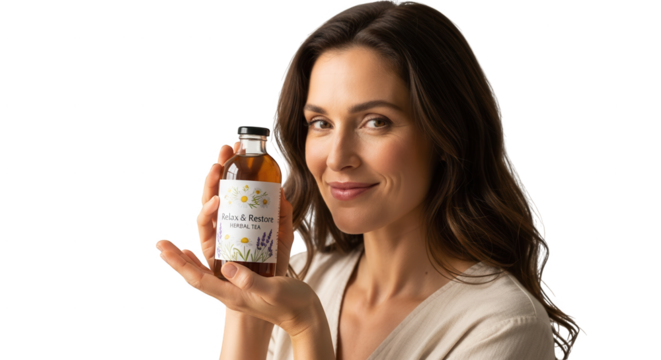 A Woman Proudly Displays a Small Glass Bottle of Herbal Elixir with Natural Ingredients Prominently Featured