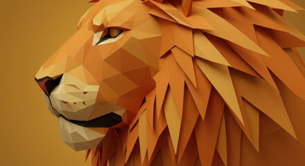 A stylized, geometric lion's head, rendered in warm orange tones, set against a muted golden backdrop, presents a striking three-dimensional effect with intricate polygonal details.