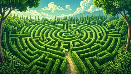 A large, vibrant green hedge maze stretches across a landscape, framed by lush trees and a serene sky.