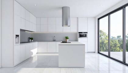 Modern Minimalist White Kitchen Interior with Large Window and Natural Light.