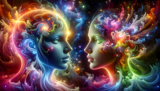Two faces intertwined with vibrant cosmic energy