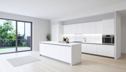 Modern white kitchen with island with open to a balcony view, and minimalist design.