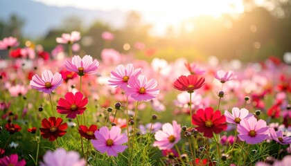 Obraz premium A field of vibrant pink and red cosmos flowers bathed in golden sunlight, creating a soft, dreamy atmosphere with a blurred background of trees and sky