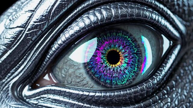 Close-up shot of a metallic, reptilian eye with vibrant colors, creating a futuristic, sci-fi video aesthetic with intricate textures. Live desktop wallpaper.
