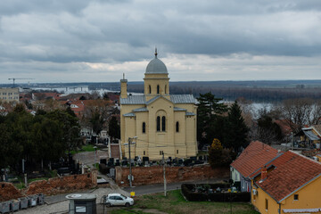 Scenic aerial view of the Church of the Holy Great-Martyr Dimitrije Solunski in Zemun neighborhood of Belgrade, Serbia, in winter