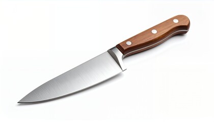 Close-up shot of a sharp stainless steel chef's knife with a wooden handle on a white surface.