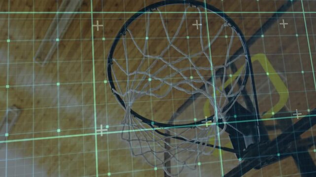 Digital grid overlay shifting and aligning basketball hoop with teal tracking dots for measurement
