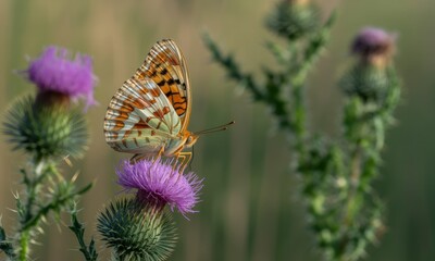 Obraz premium Butterfly perched on a thistle flower