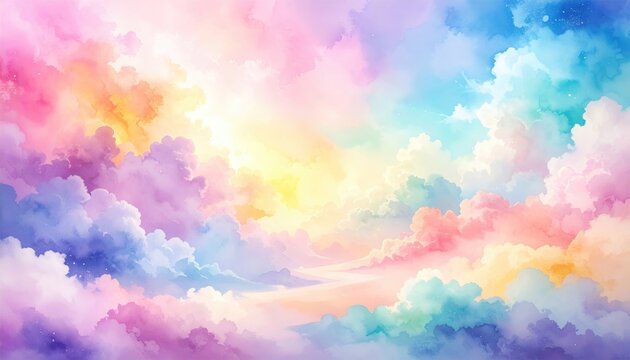 A dreamy skyscape rendered in soft pastels. Clouds intermingle in swirls of pink, blue, yellow and lilac, creating an ethereal, otherworldly scene