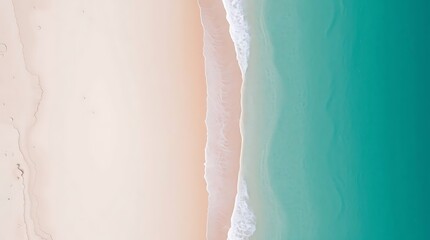 Serene aerial view captures soft pink sand meeting tranquil turquoise ocean waves, evoking peaceful coastal escape.