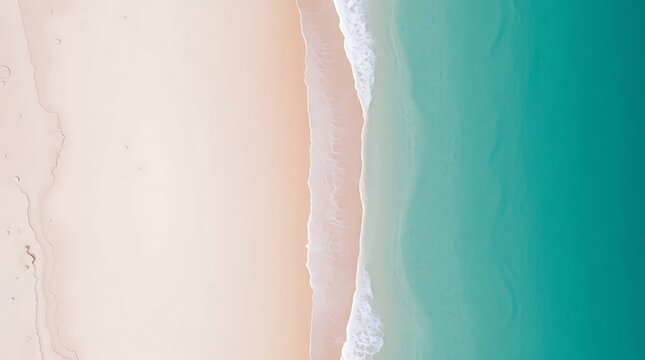 Serene aerial view captures soft pink sand meeting tranquil turquoise ocean waves, evoking peaceful coastal escape.