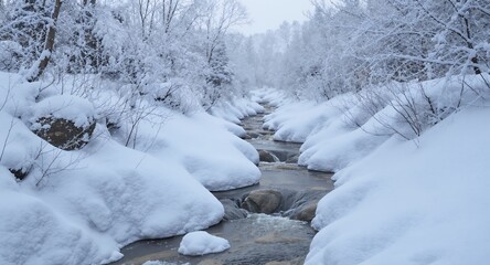 Winter Stream, Snow Covered Banks, Frosty Trees, Cold Landscape, Snowy River, Winter Wonderland, Ice, Nature Photography