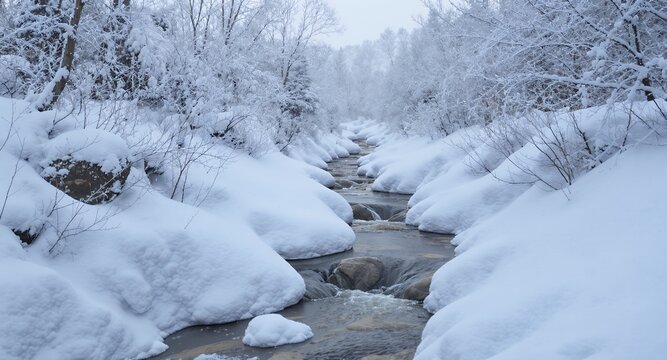 Winter Stream, Snow Covered Banks, Frosty Trees, Cold Landscape, Snowy River, Winter Wonderland, Ice, Nature Photography
