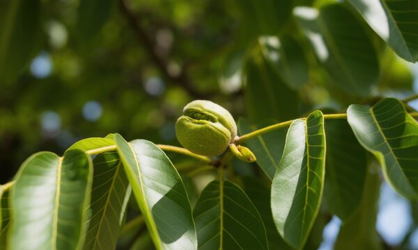 Close-up of a young walnut nestled in a branch, surrounded by lush green leaves