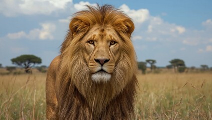 Obraz premium A lion is positioned in the middle of a vast field, embodying strength and grace in its natural habitat generative ai