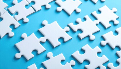 White jigsaw puzzle pieces arranged diagonally on a light blue background, casting soft shadows; pieces are slightly offset
