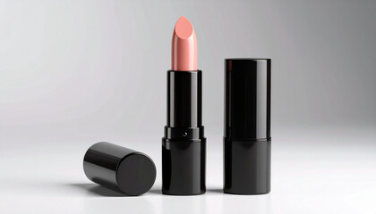 Obraz premium A close-up studio shot of a pink lipstick with a black tube and cap.