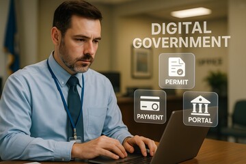 Man Working on Laptop with Digital Government Concept Displayed. A focused man working on a laptop with Digital Government text and related icons overlaid