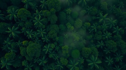 Mystical drone view capturing lush, dark green jungle canopy shrouded in soft, ethereal mist
