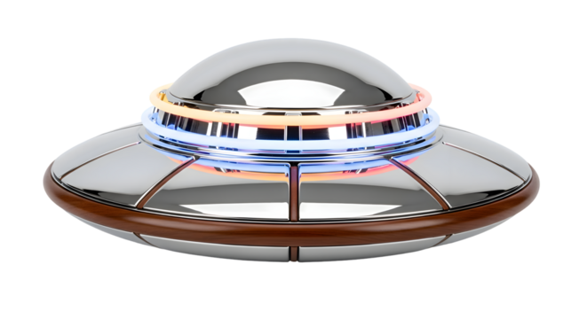 Sleek chrome UFO with glowing neon rings and wood accents, futuristic alien craft design