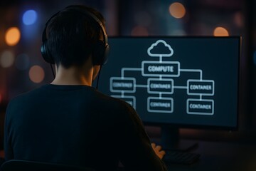 A person looking at a compute cloud diagram on a computer screen. A developer coding using the latest technology and cloud computing diagram