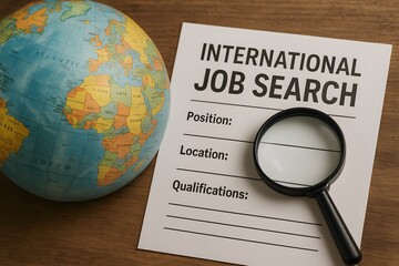 Image of an International Job Search concept with a globe, magnifying glass, and paper 