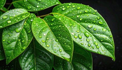 Lush green leaves glisten with tiny water droplets after a fresh rain, a close-up showcasing their textures against a dark background