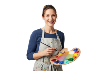 Smiling female artist in an apron holding a colorful paint palette.