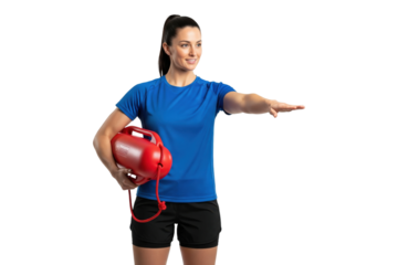 Female lifeguard on duty holding a rescue can and pointing.