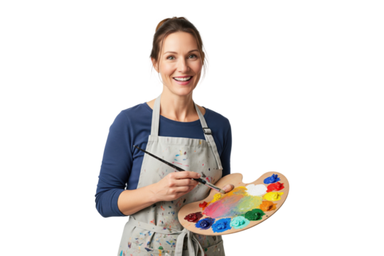 Smiling female artist in an apron holding a colorful paint palette.