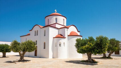 A serene white orthodox church with red domes under a clear blue sky