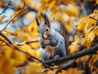 Fototapeta premium Squirrel Enjoying Nut on Branch Among Vibrant Autumn Leaves