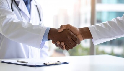 Fototapeta premium Doctors shaking hands in agreement, wearing white coats in bright office, with pen and paper beside them