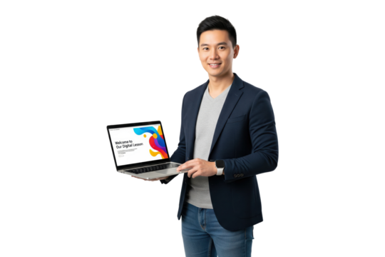 Young Asian businessman smiling and showing a digital lesson on a laptop screen.