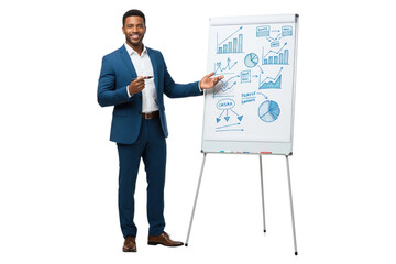 African American businessman in a suit presenting a business strategy on a flip chart.