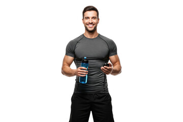 Fit and smiling personal trainer holding a water bottle and a stopwatch.