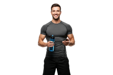 Fit and smiling personal trainer holding a water bottle and a stopwatch.