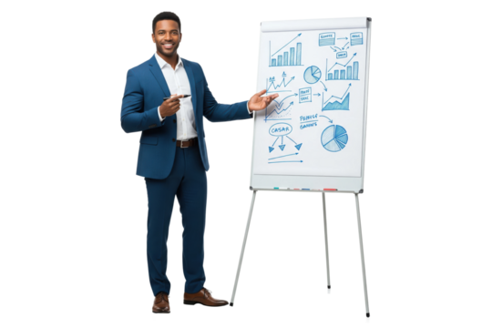 African American businessman in a suit presenting a business strategy on a flip chart.